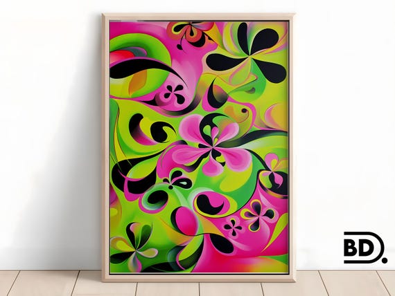 Neon Pink Lime Green Abstract Flower Painting Vibrant Modern Wall Art Bold Colorful Home Decor Energetic Art Print