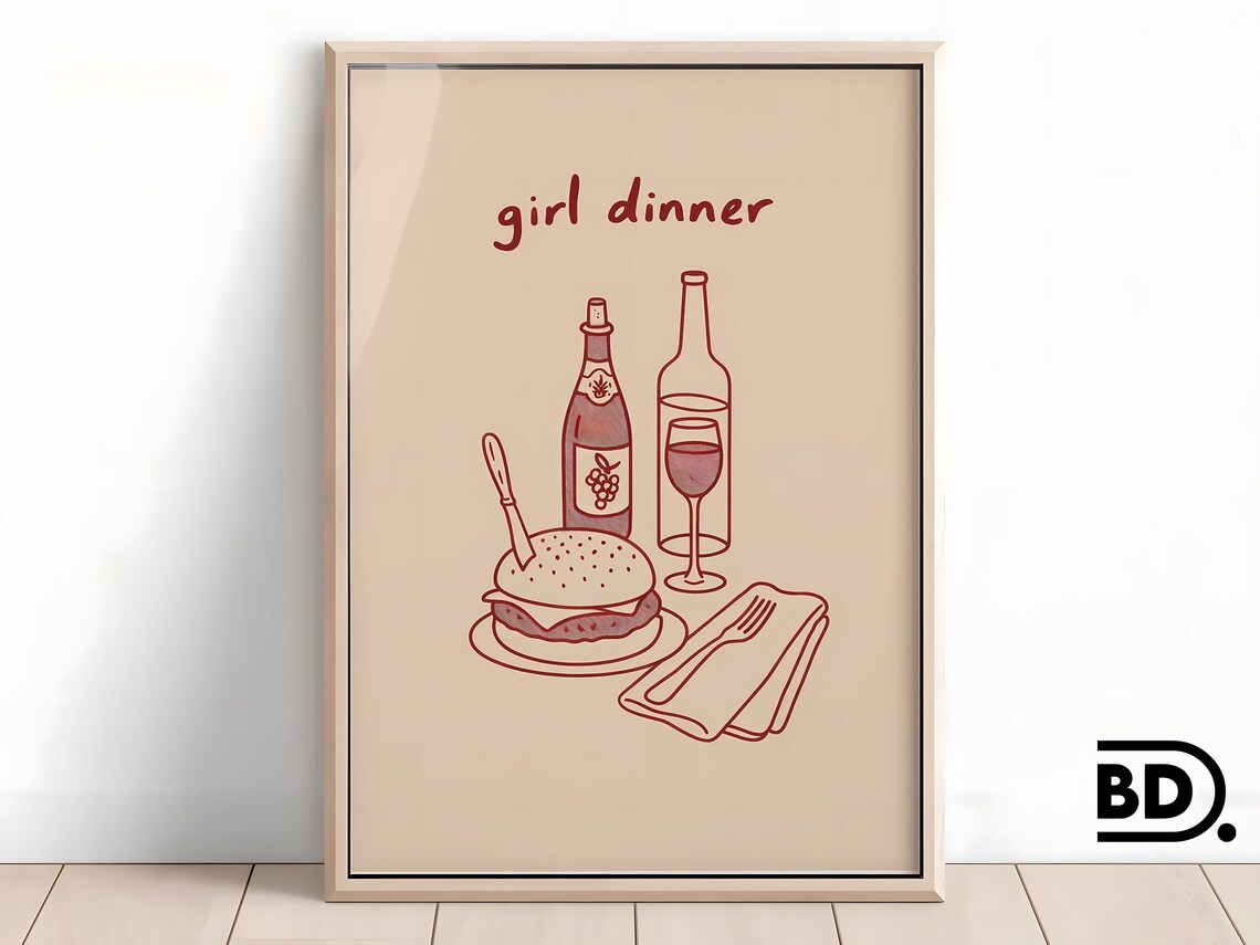 Girl Dinner Hand Drawn Burger And Wine Red Line Art Kitchen Poster
