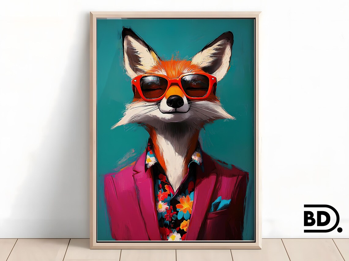 Cool Fox in Red Sunglasses and Pink Suit Quirky Portrait Poster