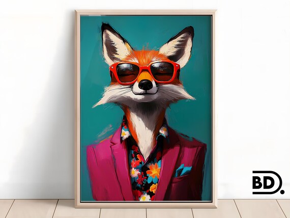 Cool Fox in Red Sunglasses and Pink Suit Quirky Portrait Poster