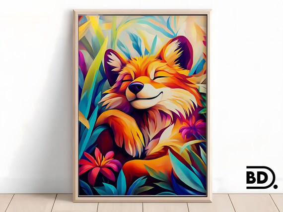 Smiling Orange Fox in a Warm Sunset Flower Jungle Animal Poster