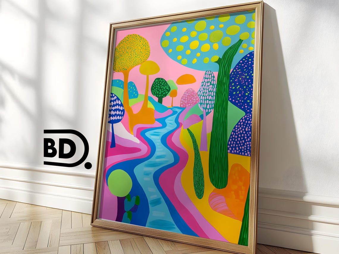 Abstract Forest River Print Colorful Pop Art Landscape With Pink Green Blue Tones Bold Expressionist Style Wall Art - Image 3