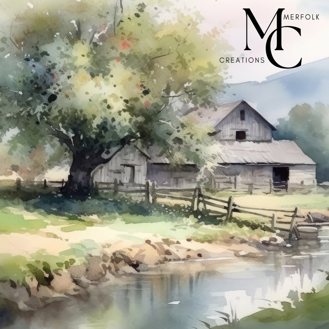 Weathered Barn by a Creek With a Split Rail Fence Watercolor Poster - Image 2