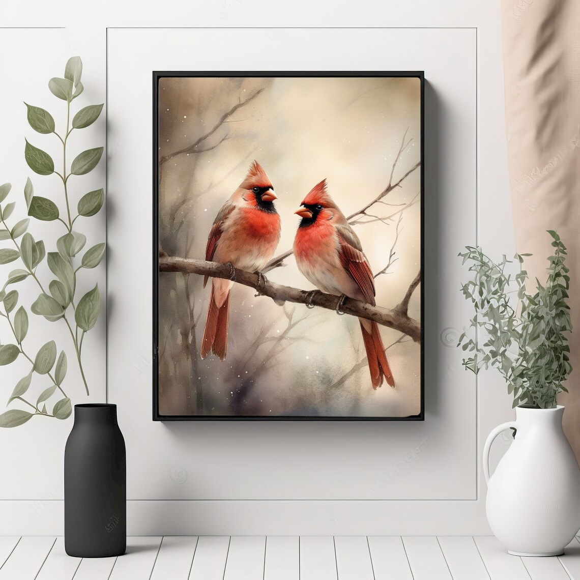 Northern Cardinals on a Snowy Branch Winter Watercolor Poster - Image 2
