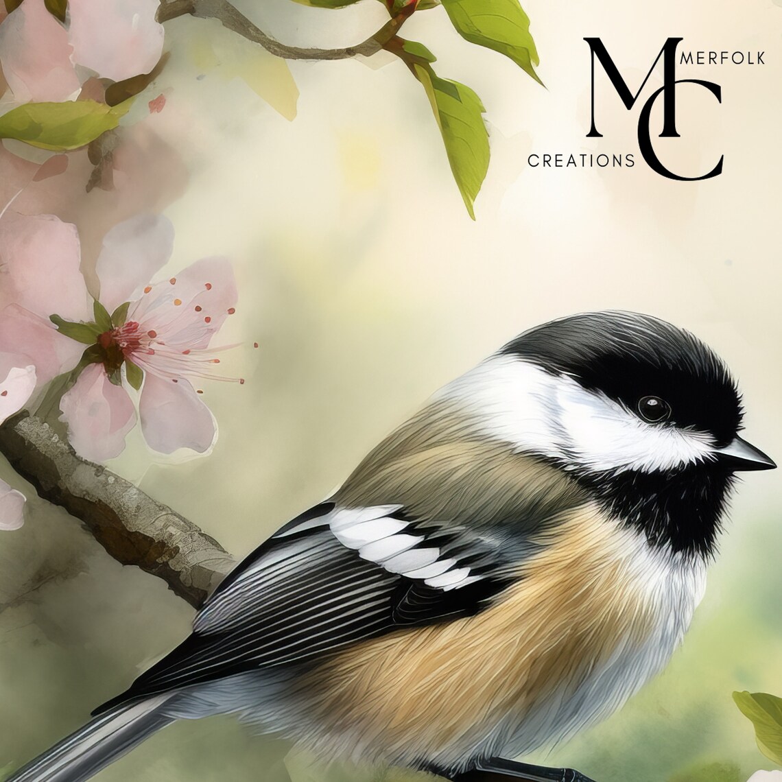 Chickadee Perched on a Pink Cherry Blossom Branch Watercolor Poster - Image 3