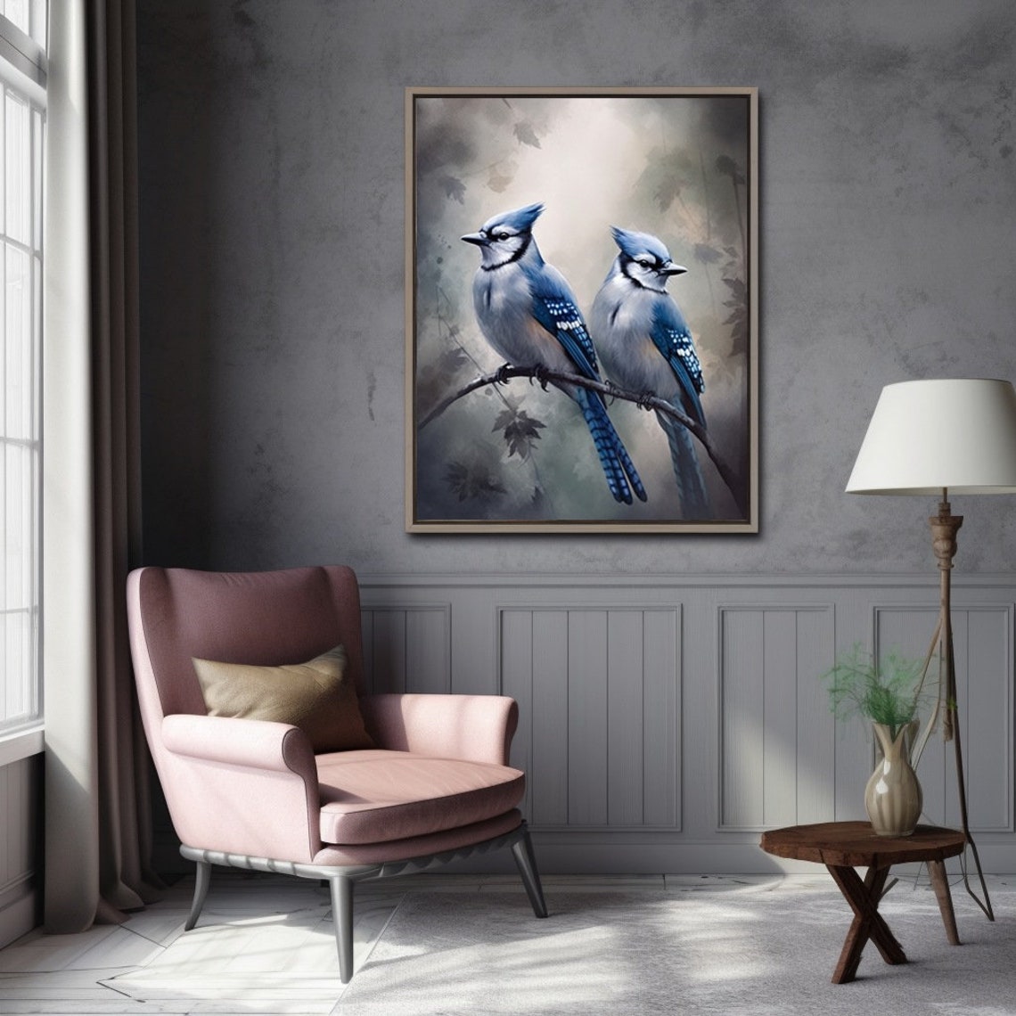 Elegant Two Blue Jays Watercolor Portrait Wildlife Bird Poster - Image 2