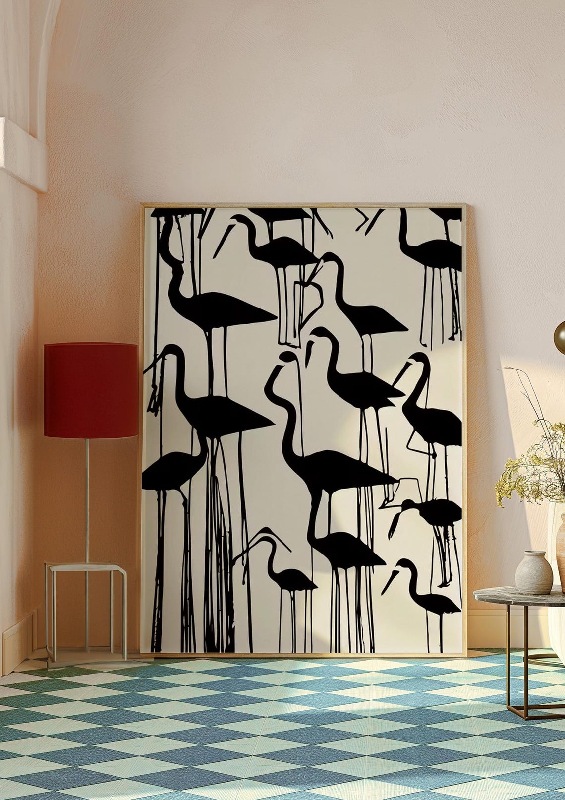 Black Flamingos Silhouette Pattern Modern Abstract Art Poster