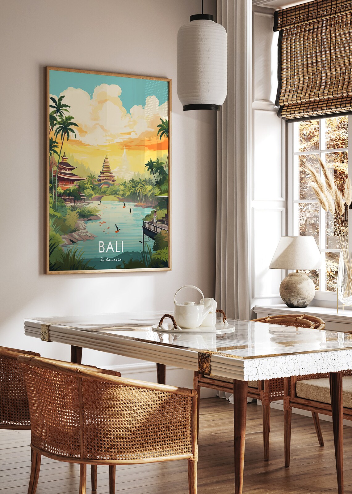 Bali Indonesia Travel Poster Sunset Temple Lake And Palm Trees Art - Image 3