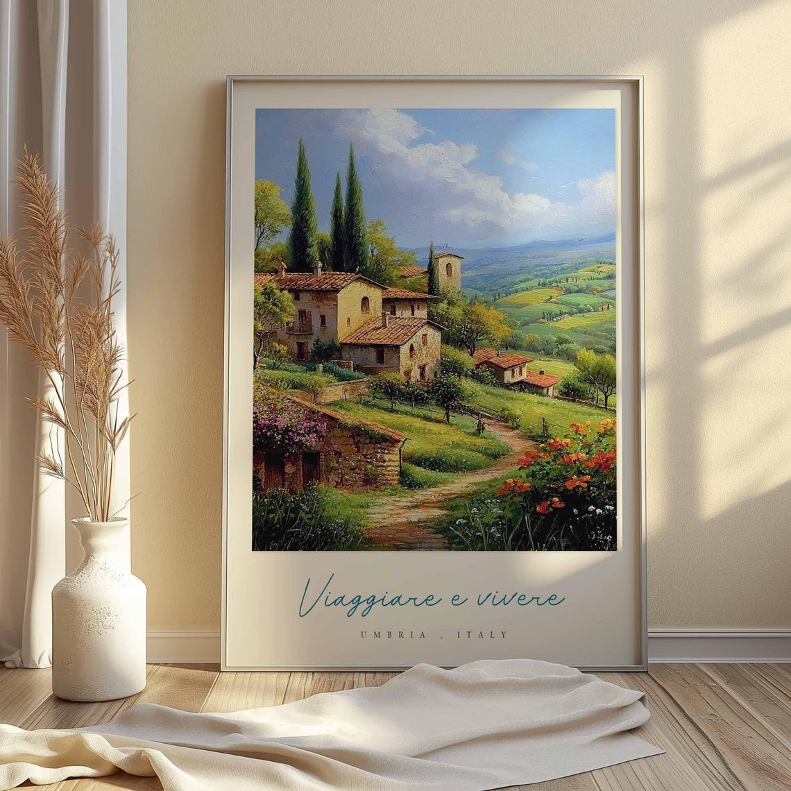 Umbria Italy Stone Farmhouse Cypress Trees Flower Path Painting Poster - Image 2