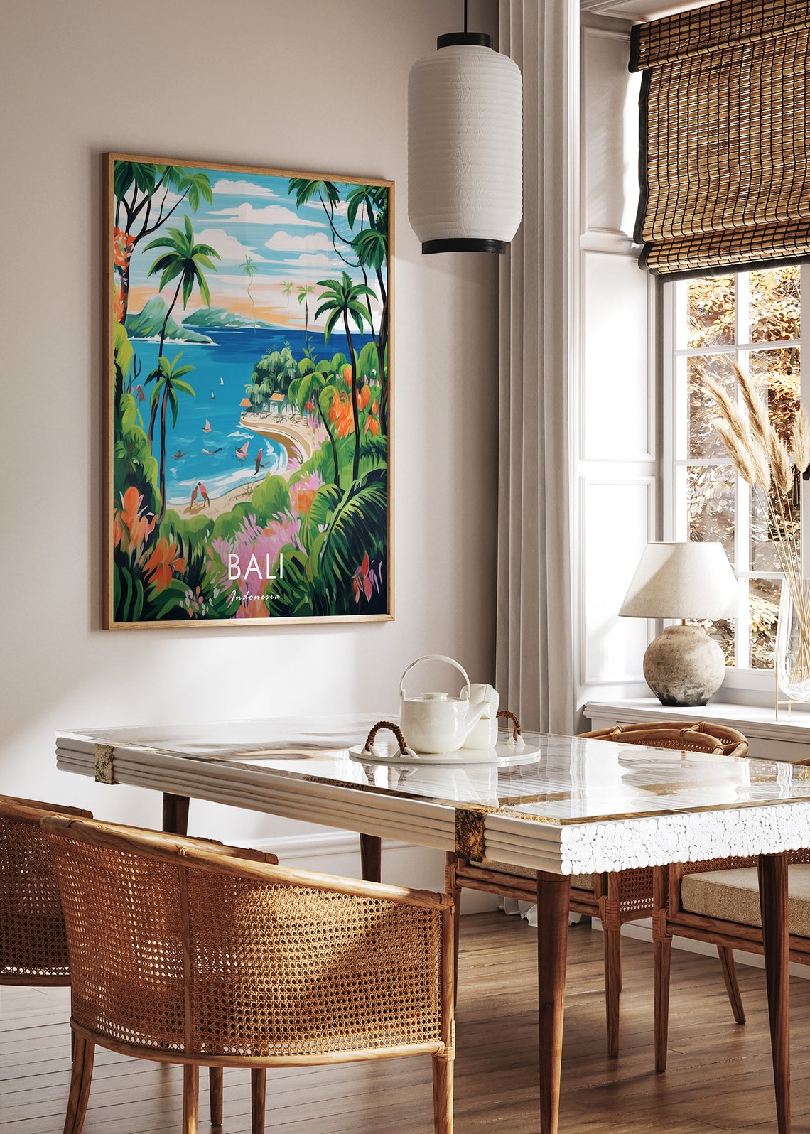 Bali Indonesia Tropical Beach Palms Surfers Painting Travel Poster - Image 3