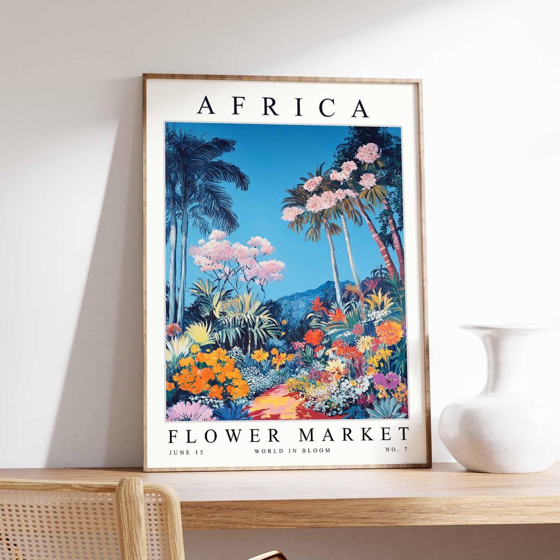 Africa Pink Blossom Palm Flower Path Hillside Bloom View Poster