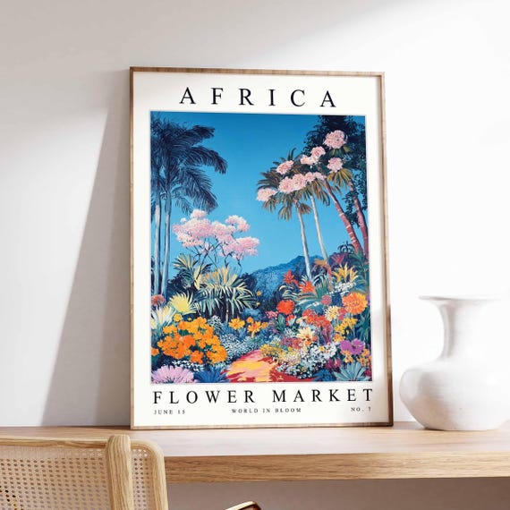 Africa Flower Market Poster Print African Street Scene Wall Art Colourful Botanical Decor Travel