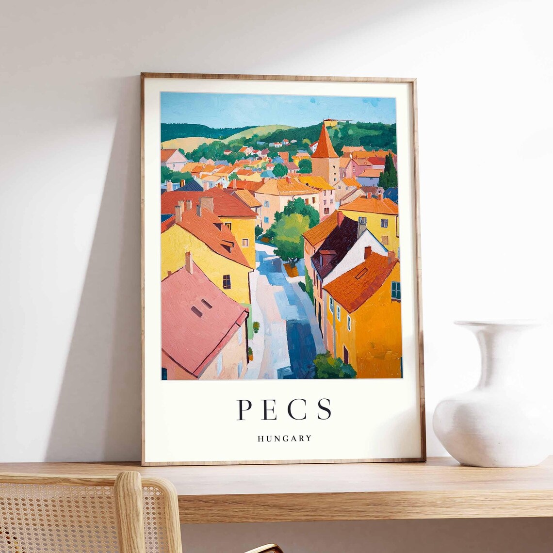 Pecs Hungary Aerial Old Town Rooftops Church Tower Hills Poster