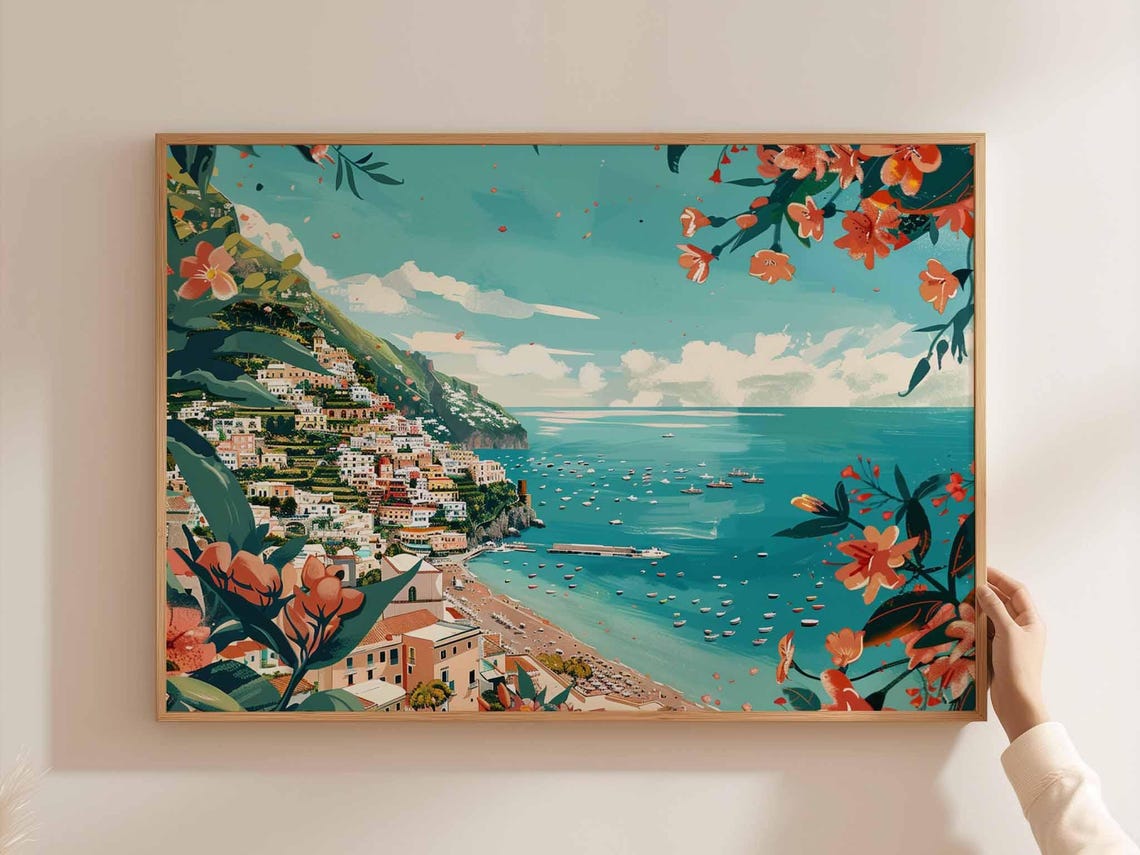 Amalfi Coast Panoramic Beach Bay Floral Frame Italy Travel Wall Poster