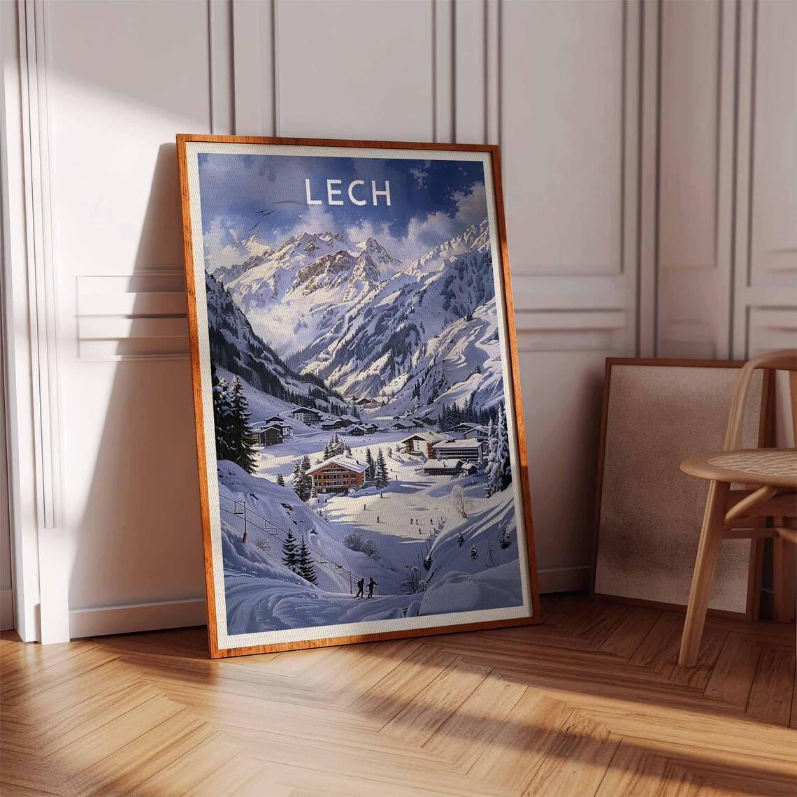 Lech Austria Dusk Alpine Village Skiers Chairlift Snowy Valley Poster - Image 3