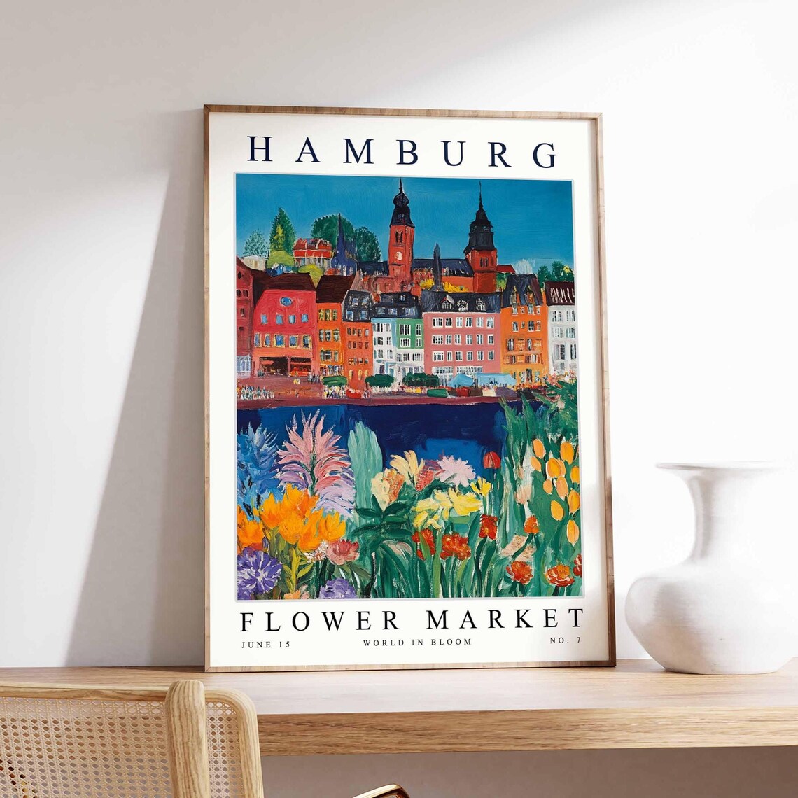 Hamburg Flower Market Evening City Spires Orange Bloom Poster