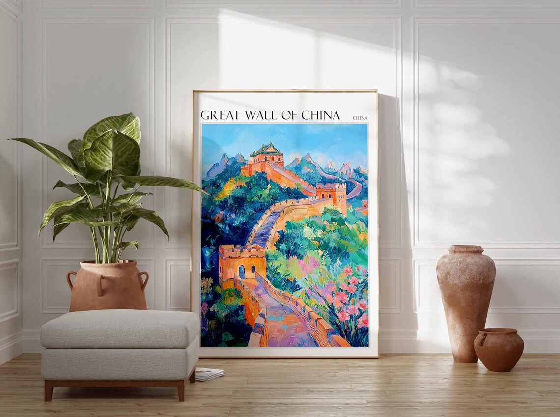 Great Wall of China Orange Towers and Flower Garden Artwork Poster - Image 2