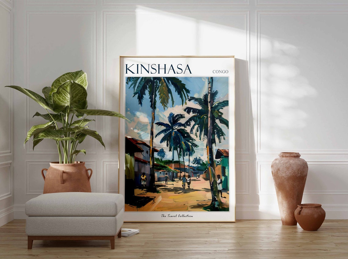 Kinshasa Congo Palm Lined Street Tropical Village Scene Poster - Image 3