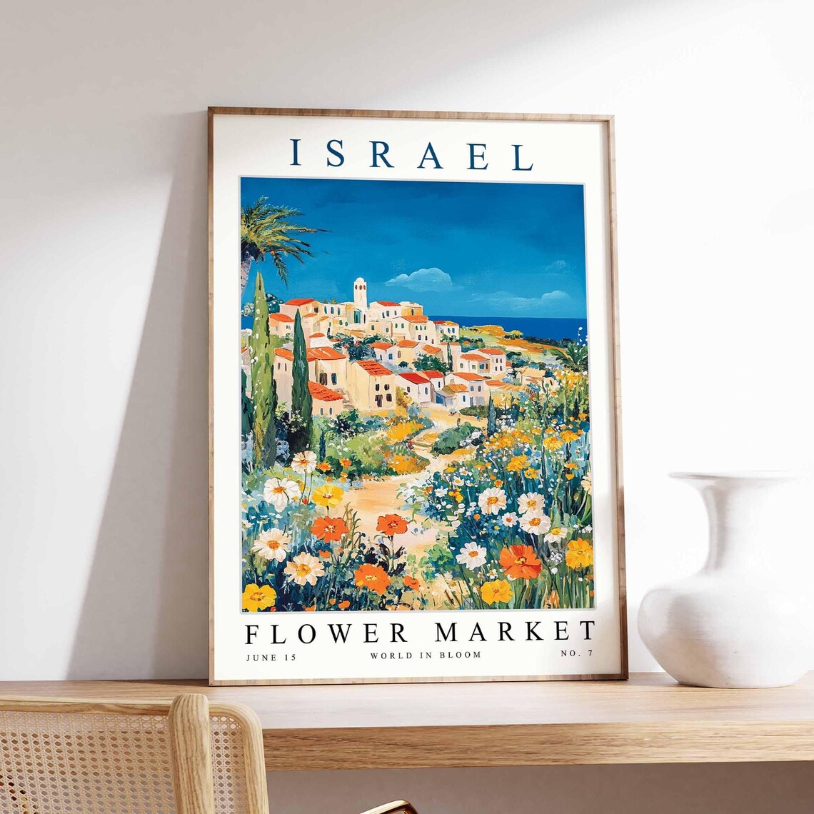 Israel Flower Market Mediterranean Village Daisy Field Travel Poster