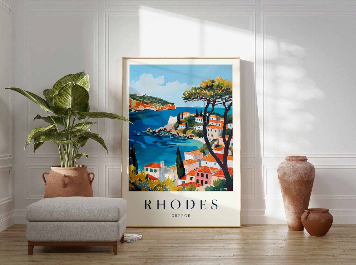 Rhodes Greece Coastal Village With Red Rooftops Travel Poster - Image 3