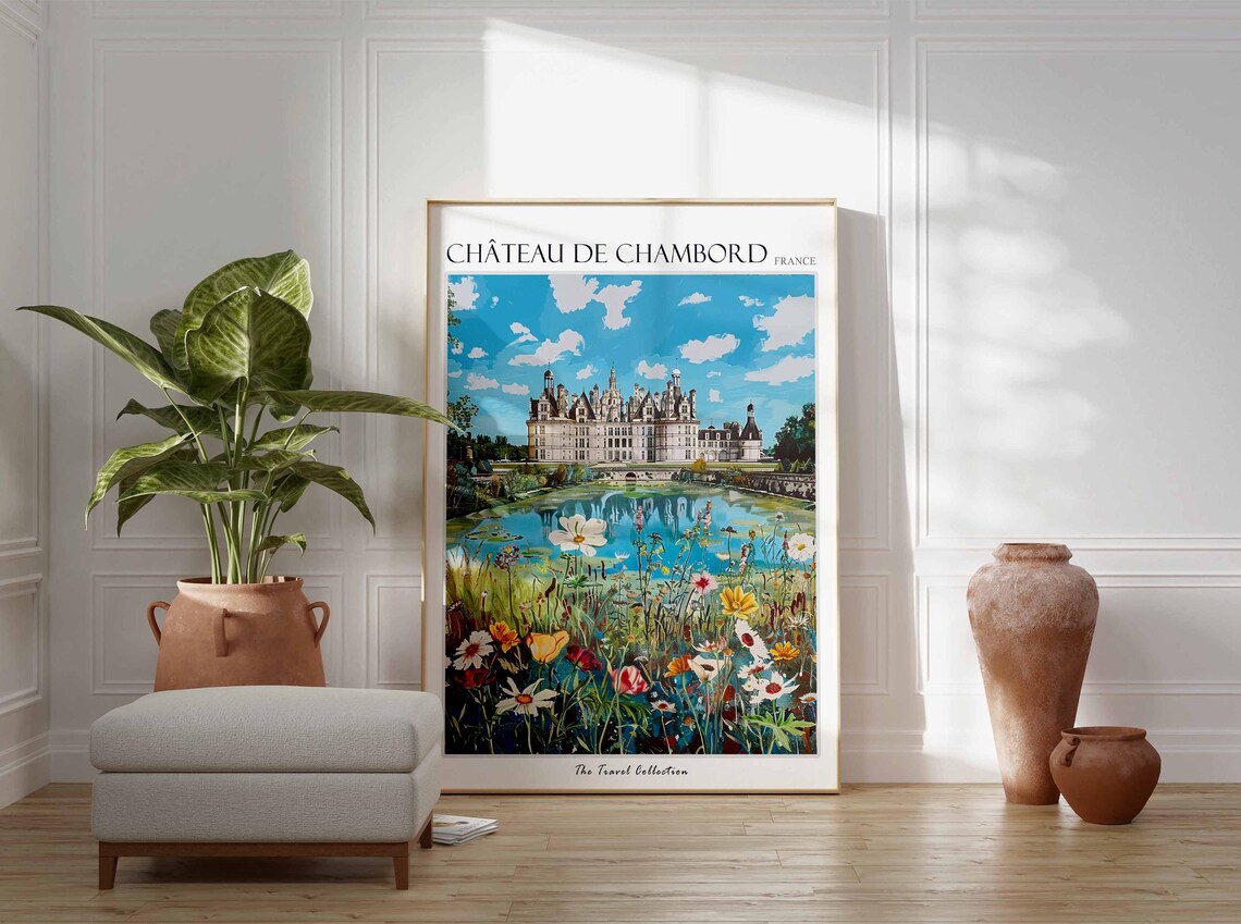 Chateau De Chambord France Lake Reflection Wildflower Travel Poster - Image 3
