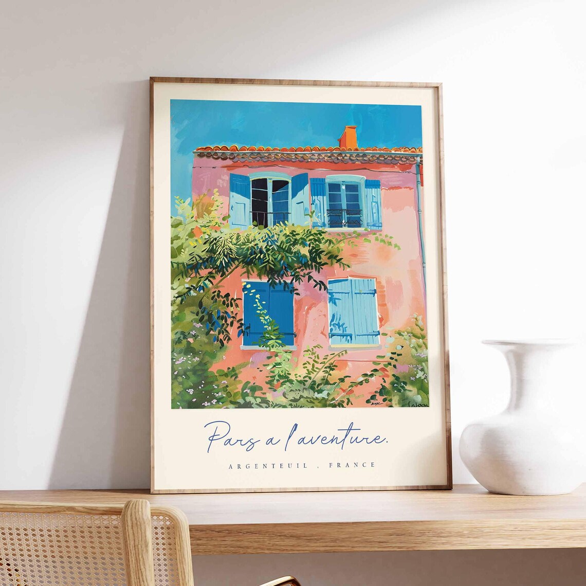 Argenteuil France Travel Poster Pink House with Blue Shutters Art