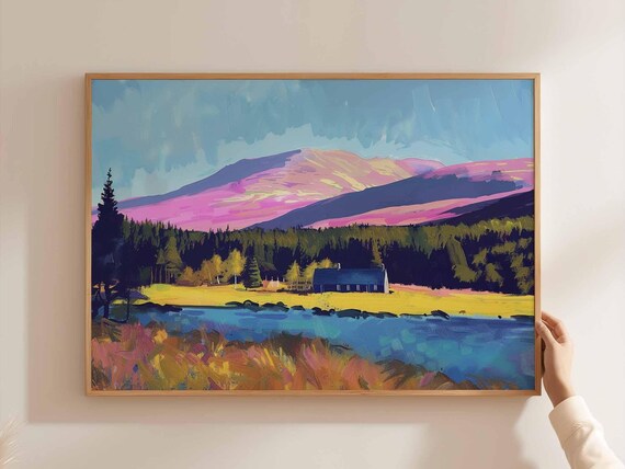 Cairngorms Pink Mountains Blue Loch Bothy Colorful Pop Art Poster