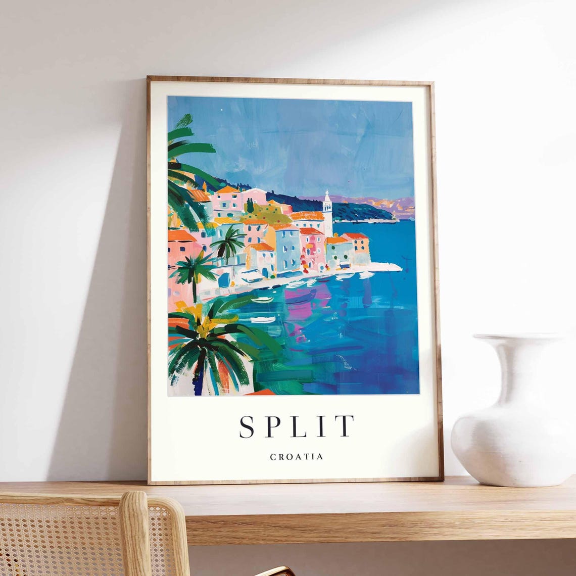 Split Croatia Palm Tree Waterfront Bay with Old Town and Harbor Poster