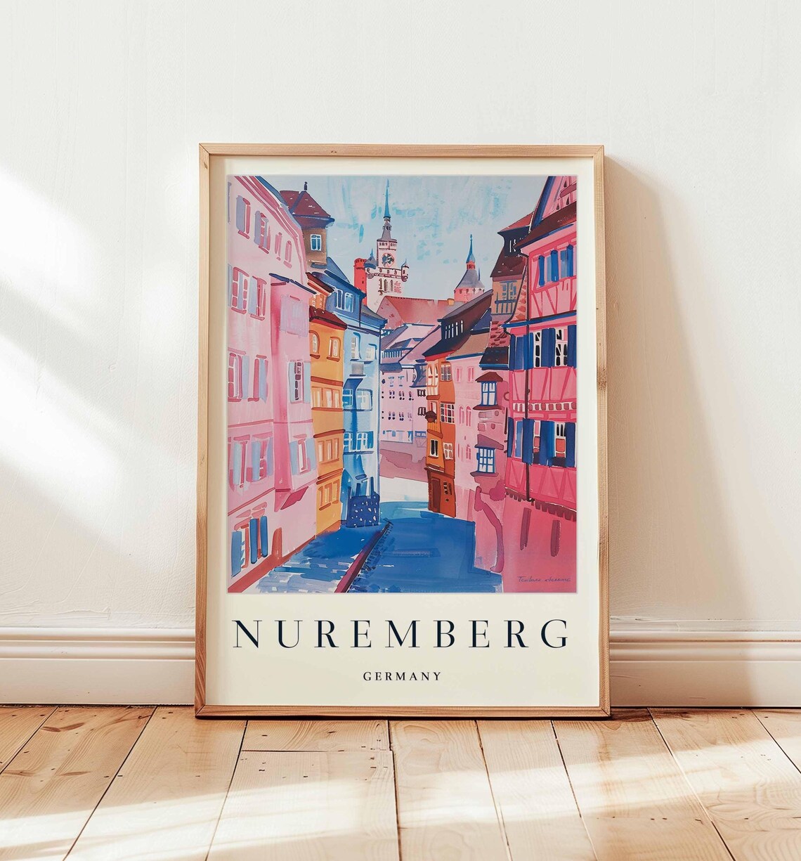 Nuremberg Germany Pastel Narrow Street Church Spires Art Poster