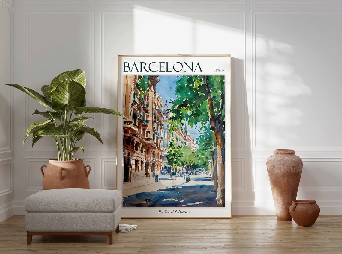 Barcelona Spain Sunlit Street Watercolor Cityscape Travel Poster - Image 3