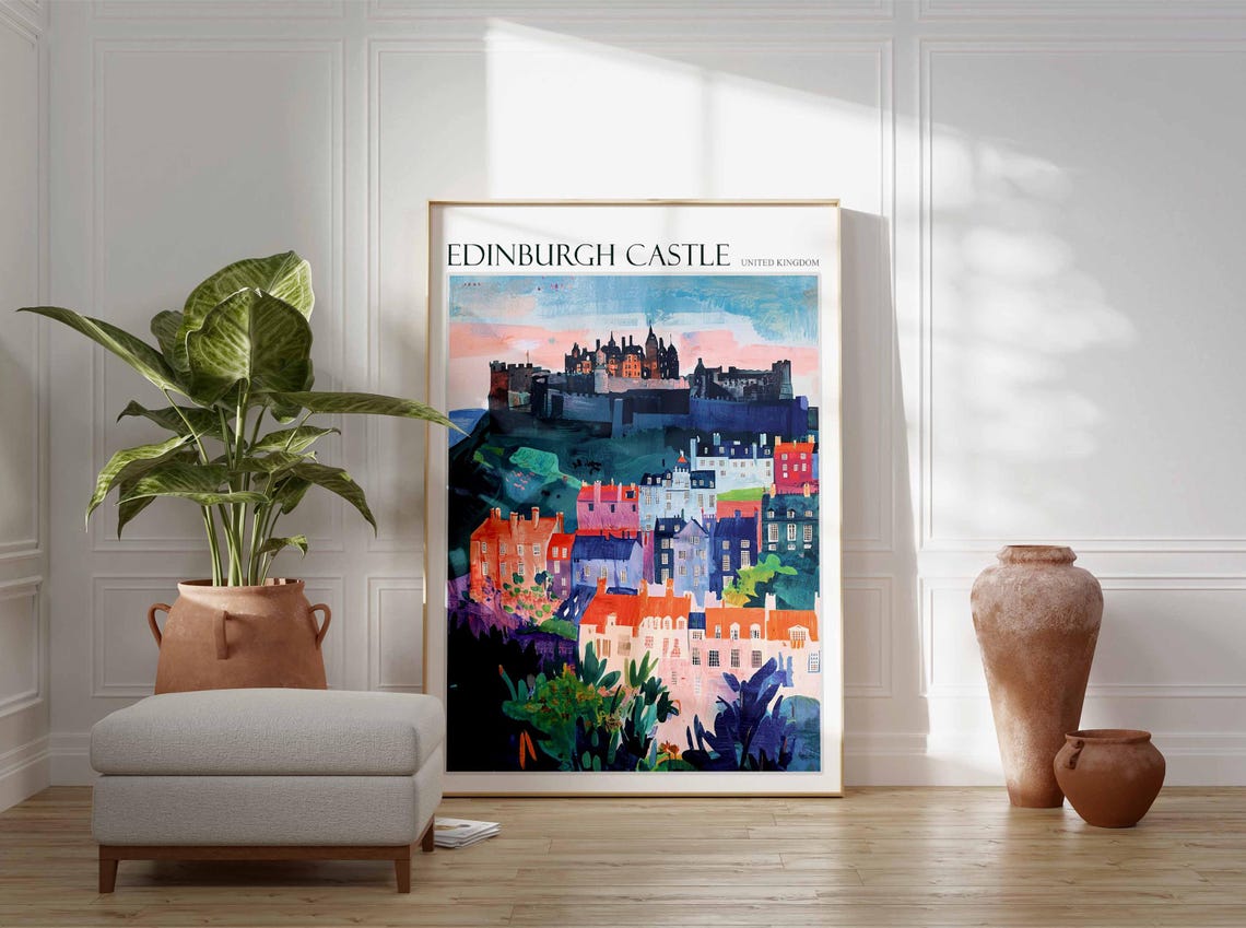 Edinburgh Castle United Kingdom Pink Sunset Skyline Painting Poster - Image 2