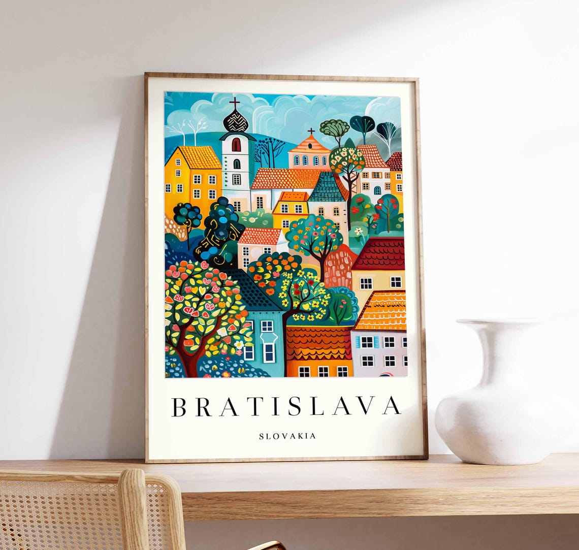 Bratislava Folk Art Village Church Orchard Naive Style Poster