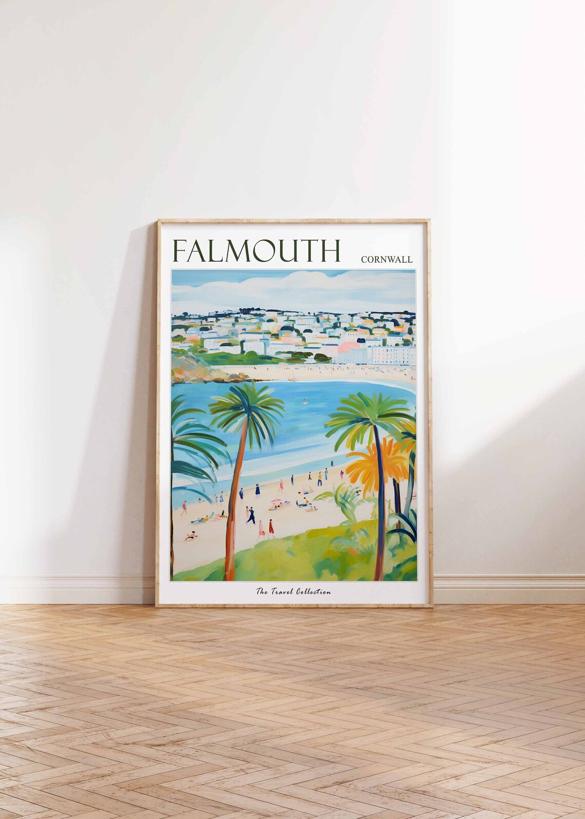 Falmouth Cornwall Colorful Beach Palm Tree Scene Art Travel Poster - Image 2
