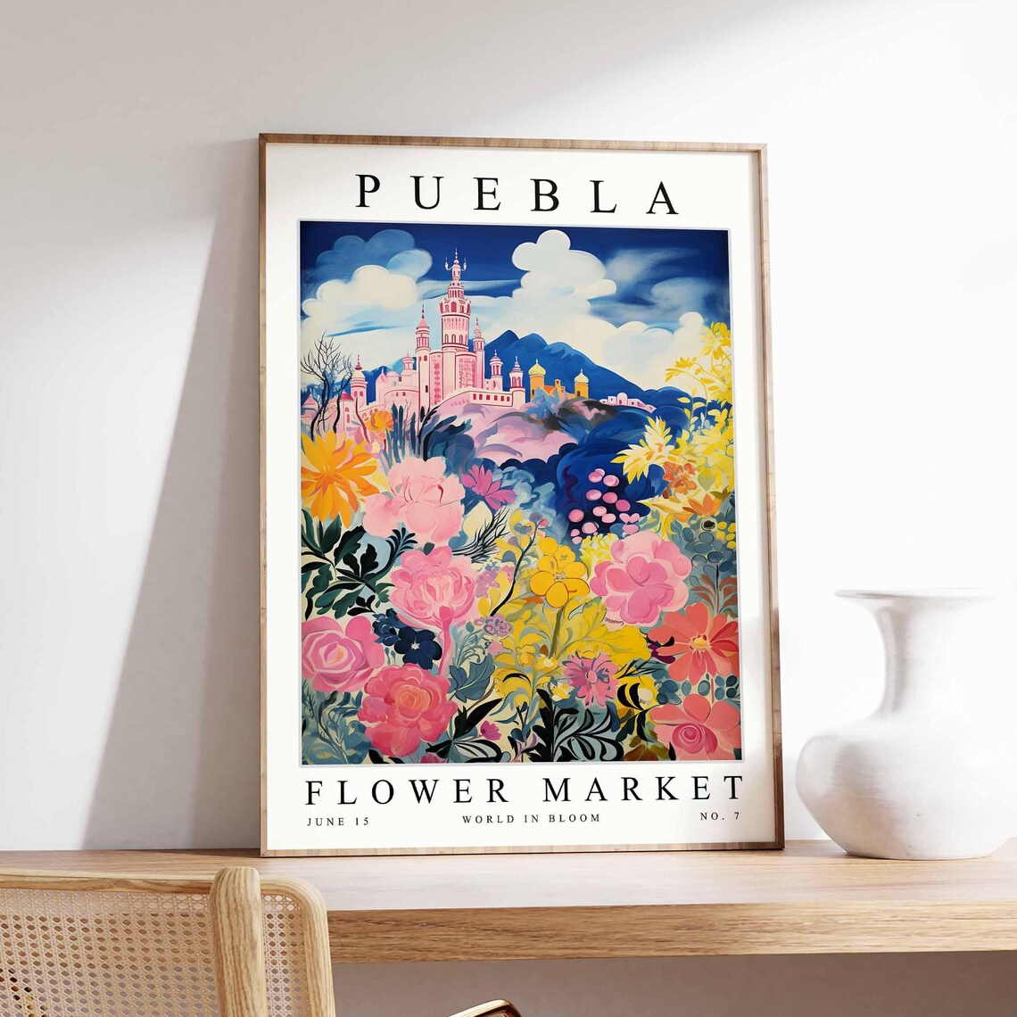 Puebla Grand Cathedral Hill Dusk Rose Garden Scene Travel Poster