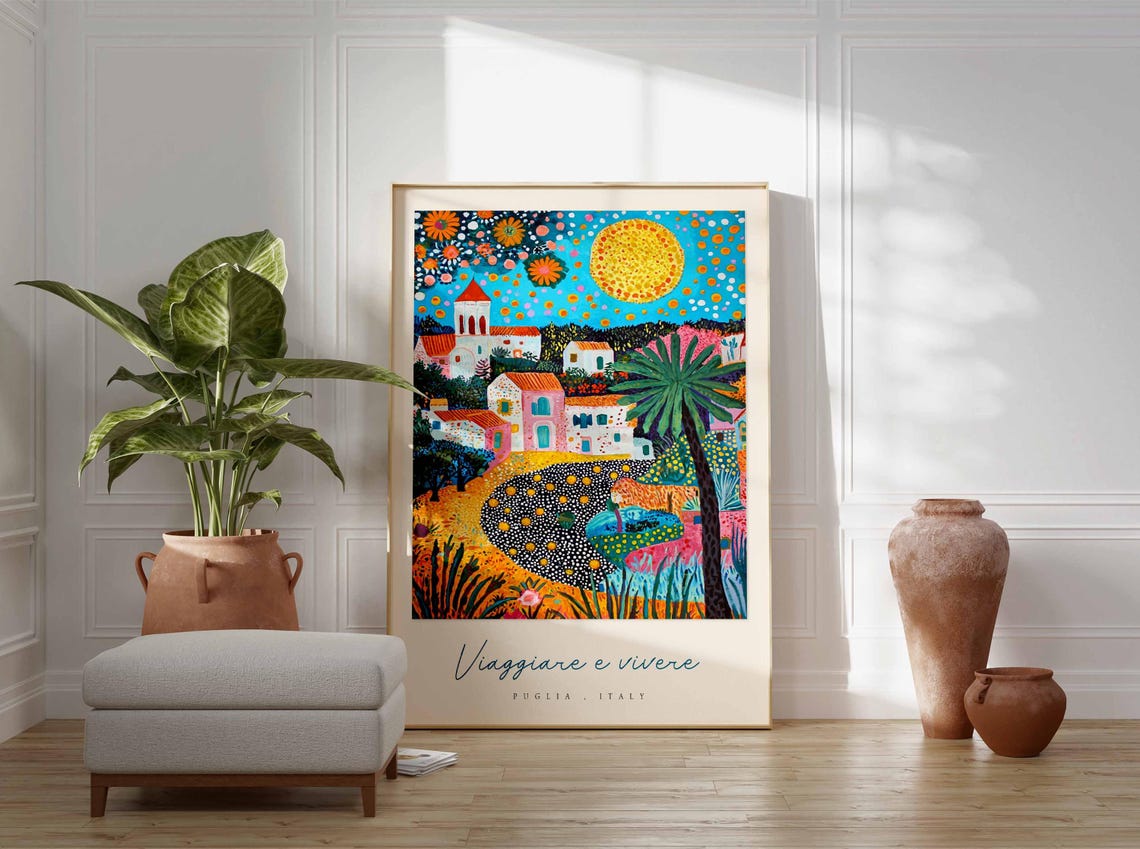 Puglia Italy Folk Art Village Sun Dotted Sky Color Pop Poster - Image 3