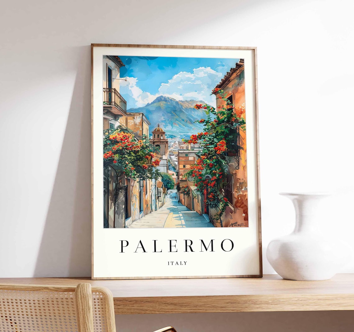 Palermo Italy Old Town Street With Bougainvillea Watercolor Poster