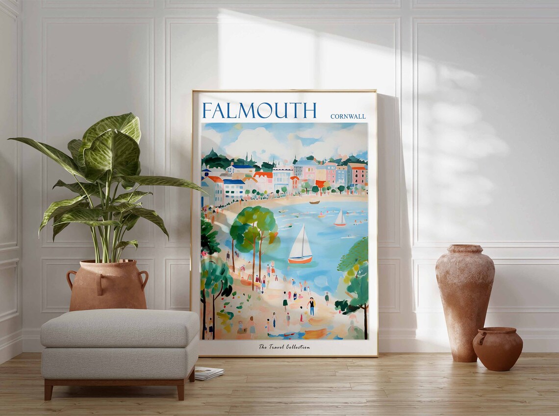 Falmouth Cornwall Town above Bay Sailboat Vintage Travel Poster - Image 3