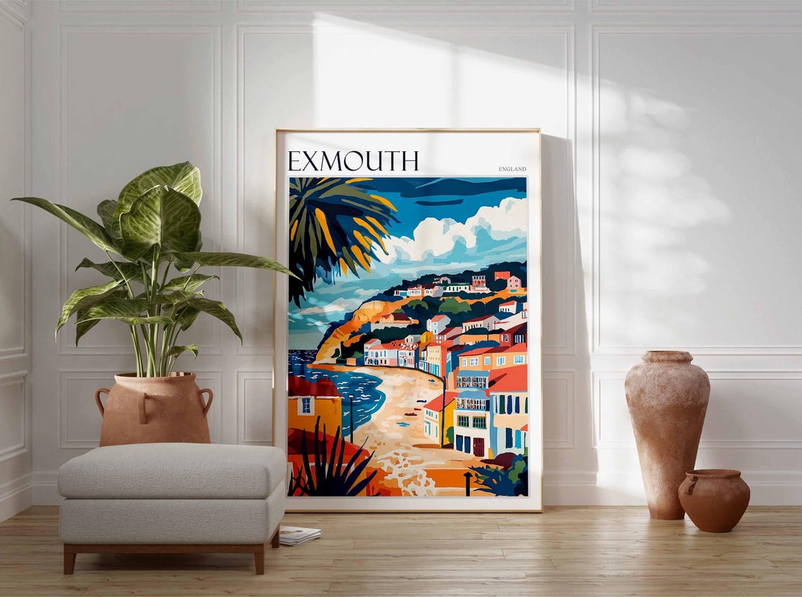 Exmouth England Palm Beach Colorful Seafront Flat Art Poster - Image 3