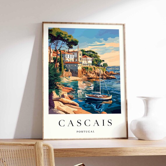 Cascais Portugal Rocky Cove Sailboat Villa Cliffside Art Poster
