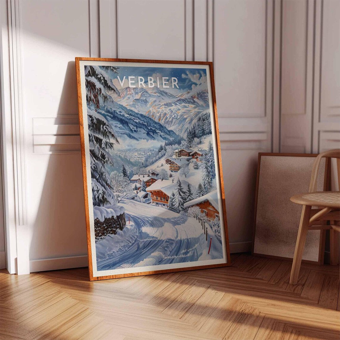 Verbier Switzerland Curving Ski Trail Chalets Winter Travel Poster - Image 3