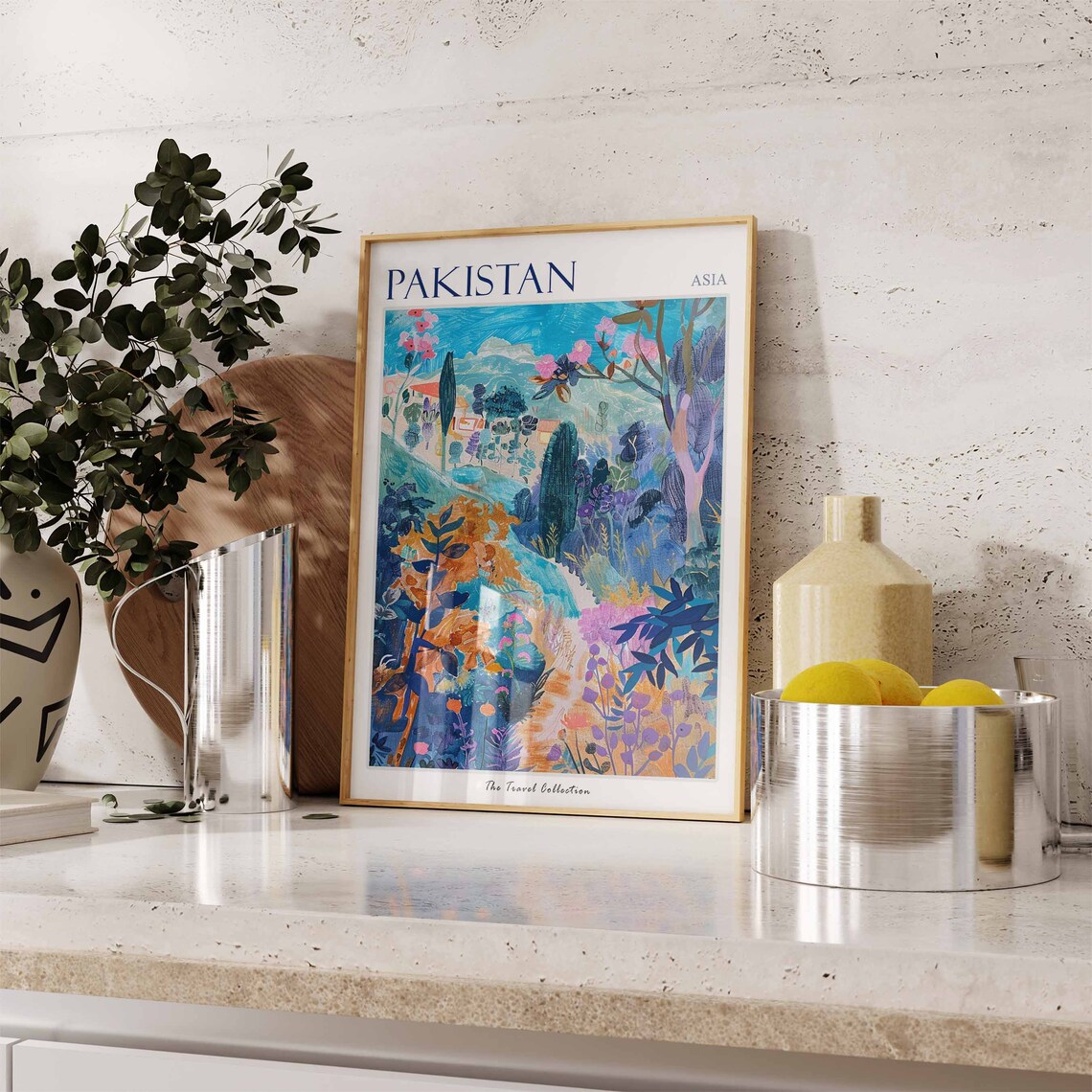 Pakistan Asia Blue Hillside Landscape Travel Poster Cypress Trees Art - Image 3