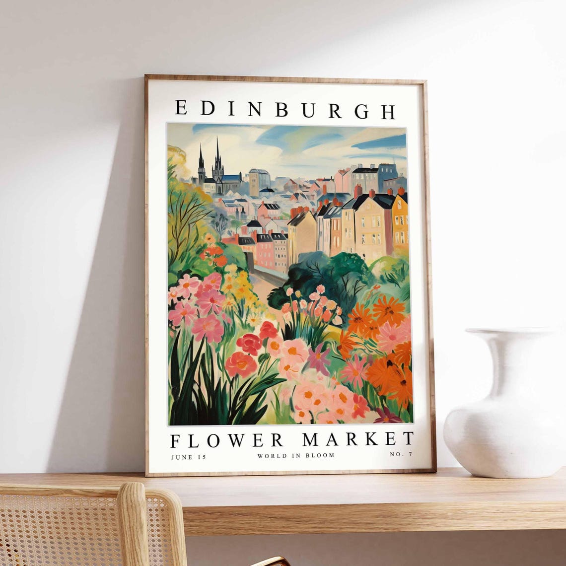 Edinburgh Flower Market Church Spires Pink Orange Bloom Poster