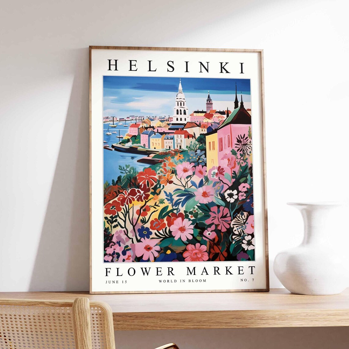 Helsinki Flower Market Harbor Boats Bold Pink Blooms City Poster