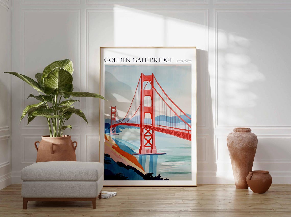Golden Gate Bridge Tall Tower Pastel Cliff Seaside Art Poster - Image 2