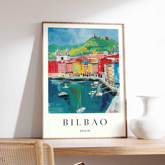 Bilbao Spain Travel Art Colorful Old Harbor Cityscape View Print