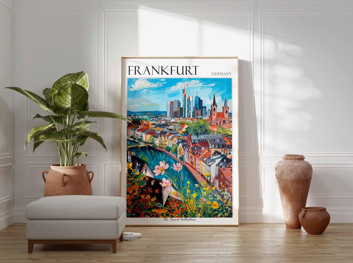 Frankfurt Germany Colorful Skyline Church and River Art Travel Poster - Image 3
