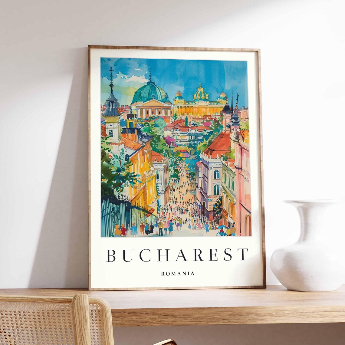 Bucharest Romania Busy Old Town Street Crowd Scene View Poster