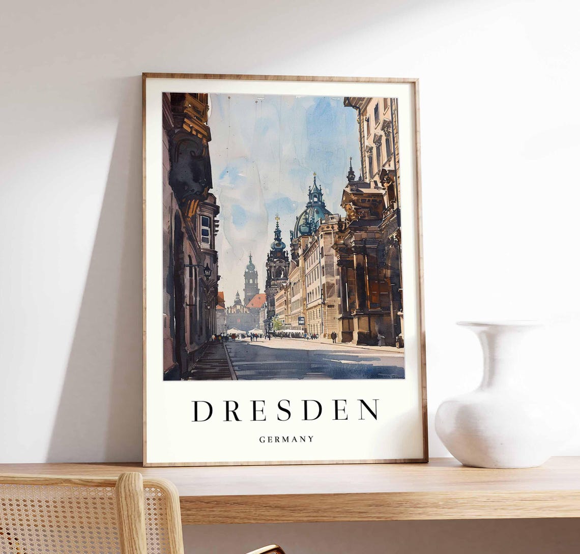Dresden Germany Sunlit Historic Street Distant Domed Church Poster