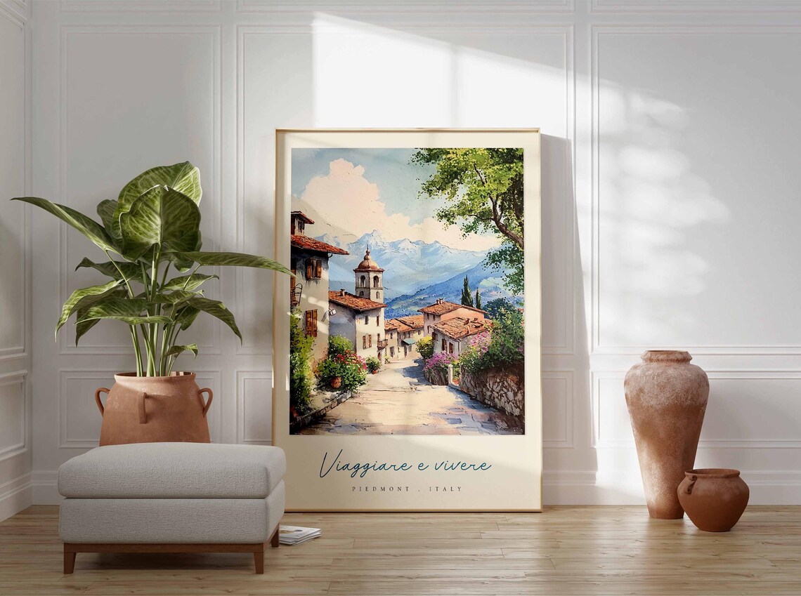 Piedmont Italy Mountain Village Church Tower Painting Travel Poster - Image 3