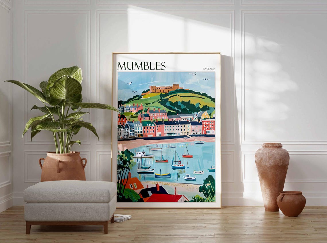 Mumbles England Colorful Seaside Harbor Town With Castle Poster - Image 3